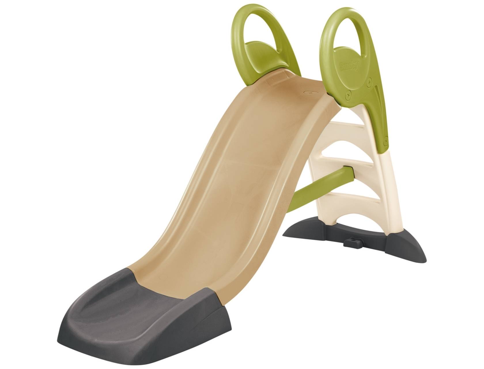 Zöld és bézs színű, összecsukható gyerekcsúszda, sötétszürke talpakkal.