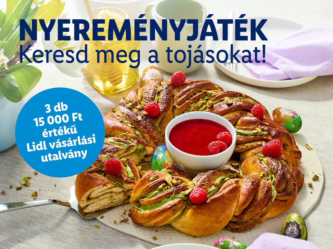 Nyereményjáték: Keresd meg a tojásokat! Kalács málnával és pisztáciával, 3 db 15 000 Ft értékű vásárlási utalvány.