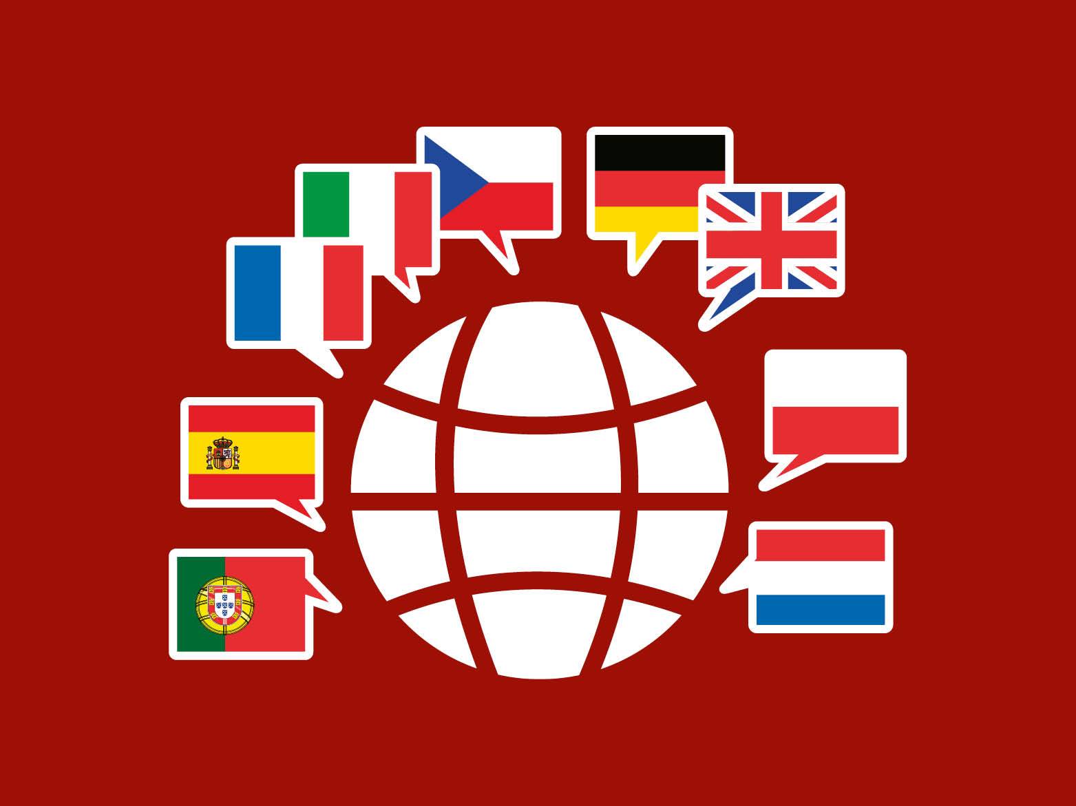 Földgömb körül lebegő zászlók, amelyek különböző nyelveket jelképeznek.