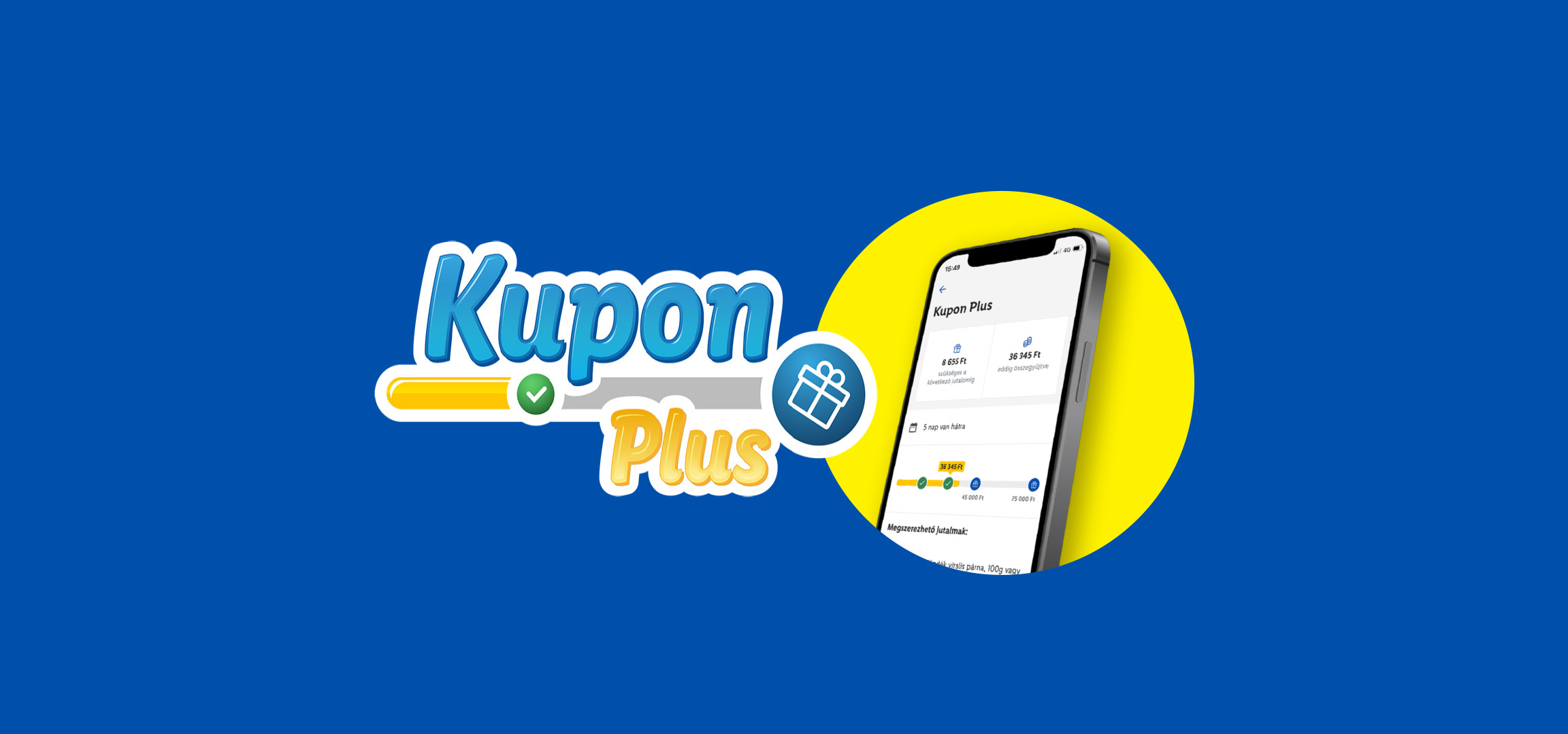 Kupon Plusz alkalmazás logója és felülete egy okostelefonon.