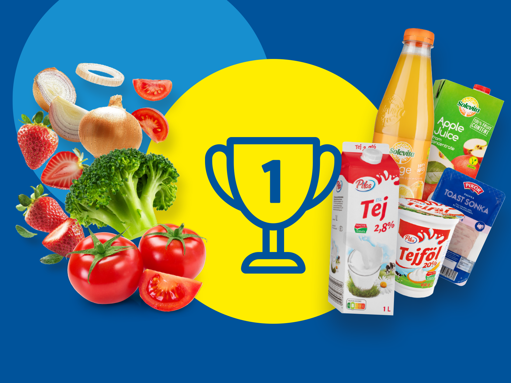 Élelmiszerek, zöldségek és gyümölcsök egy sárga körben lévő trófea körül, rajta az 1-es számmal.