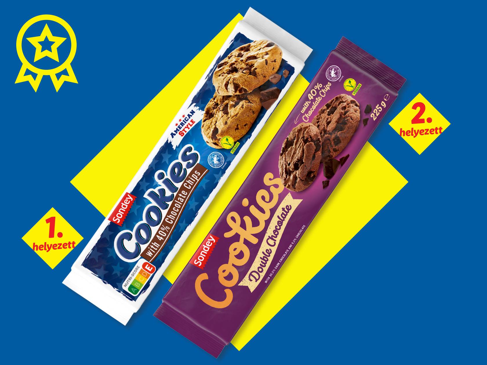 Két csomag Sondey keksz, az egyik amerikai stílusú csokis keksz, a másik dupla csokis keksz.