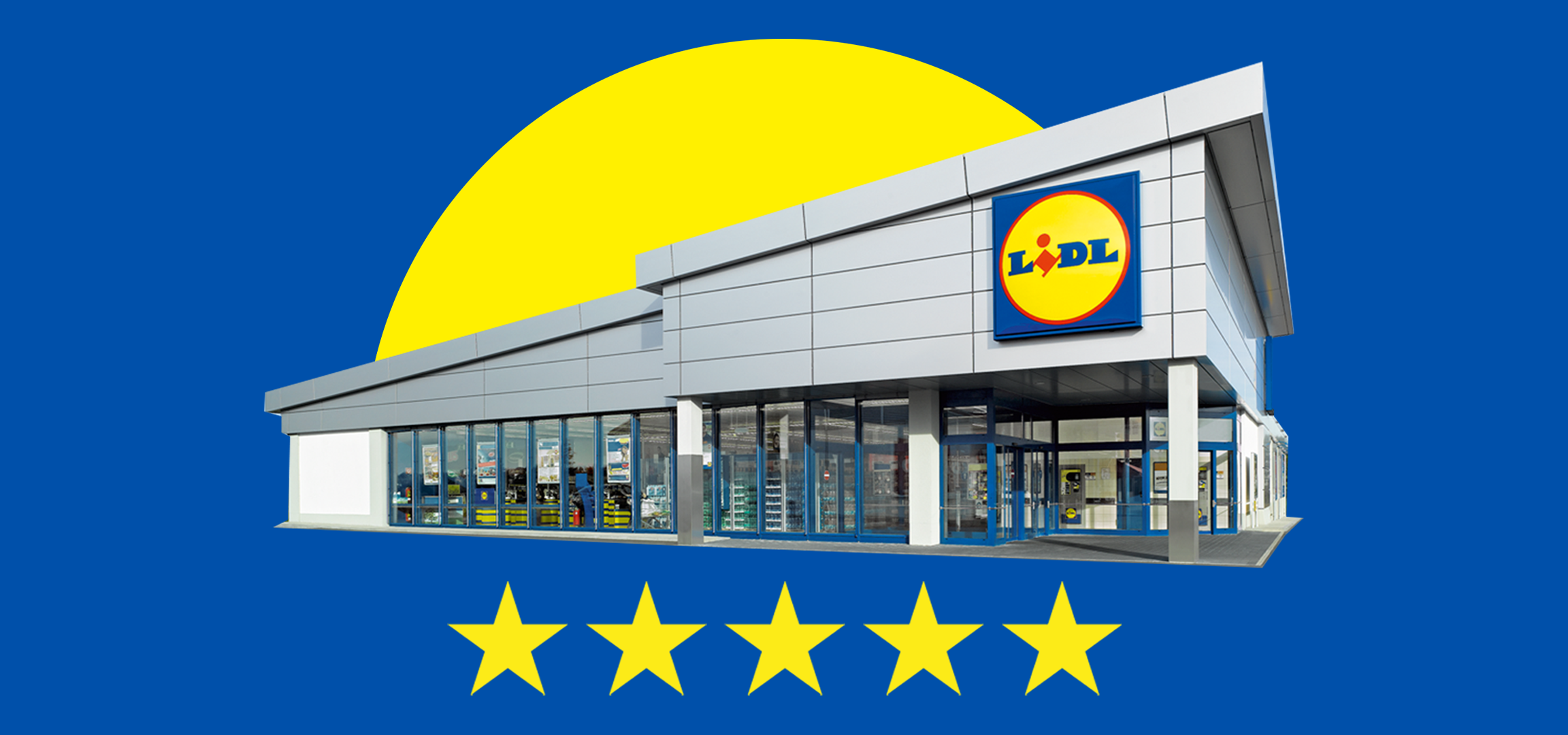 Lidl üzlet ábrázolása ötcsillagos értékeléssel.