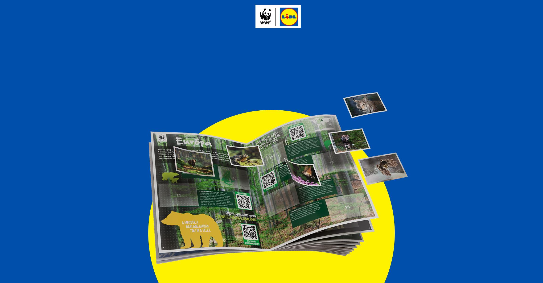 Európa témájú matricaalbum állatokról, QR-kódokkal és képekkel, kék háttérrel.