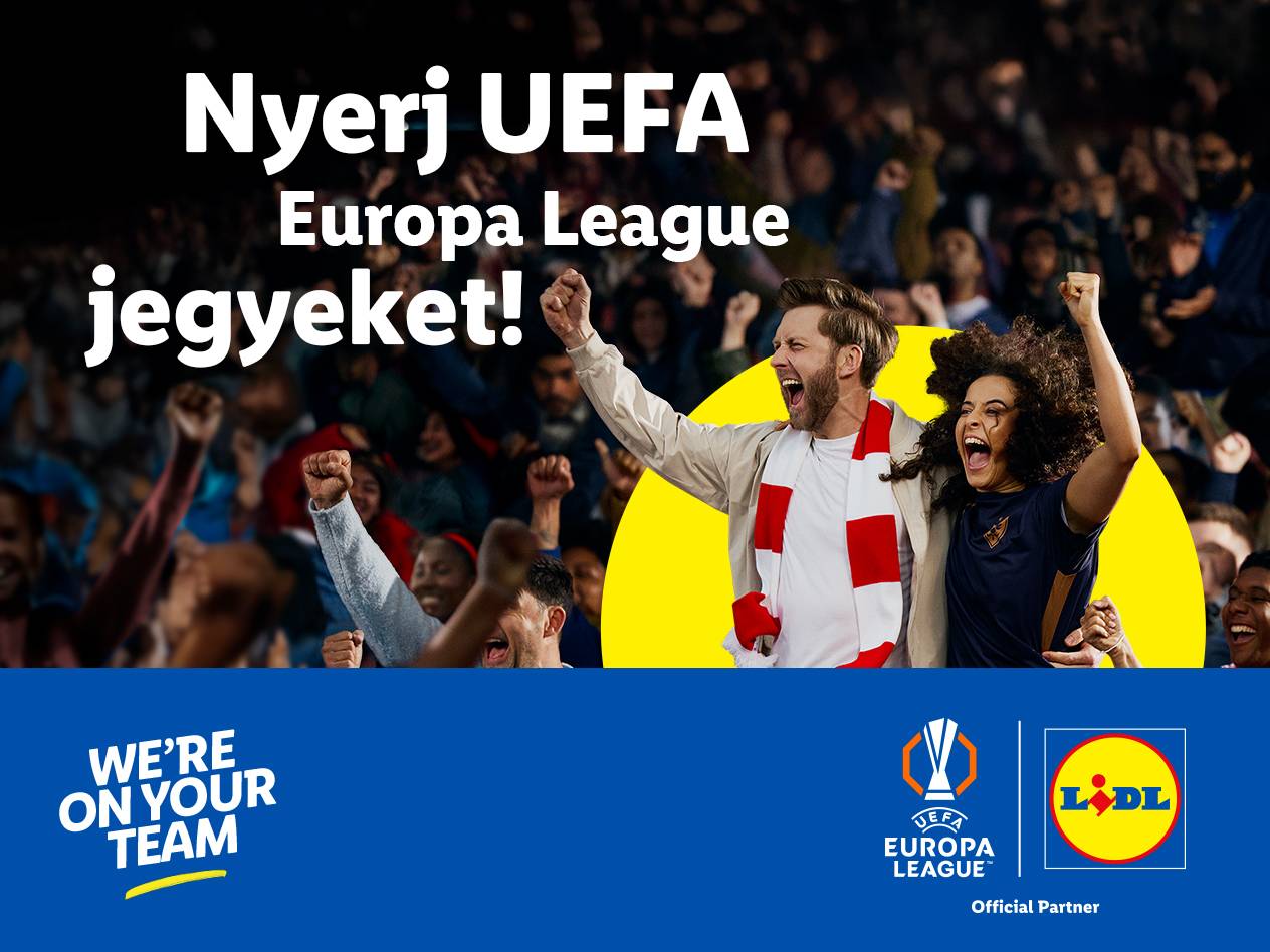 Lidl UEFA Europa League jegyek nyereményjáték, szurkolókkal és logókkal.