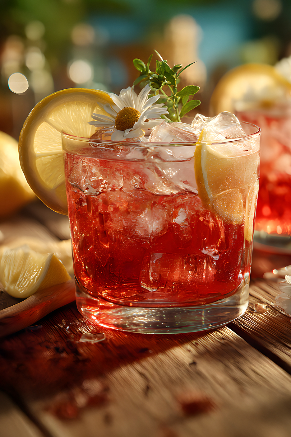 Frissítő vörös koktél jéggel, citrommal és százszorszéppel, fa asztalon.