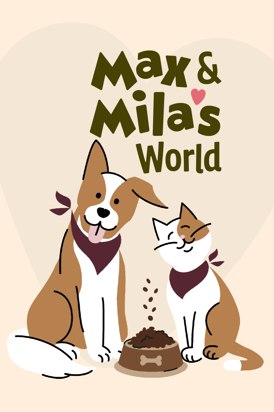 Kutya és macska illusztráció etetőtállal és Max & Mila's World felirattal.