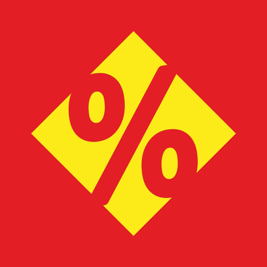 Piros háttér sárga rombusszal, benne piros százalék jellel.