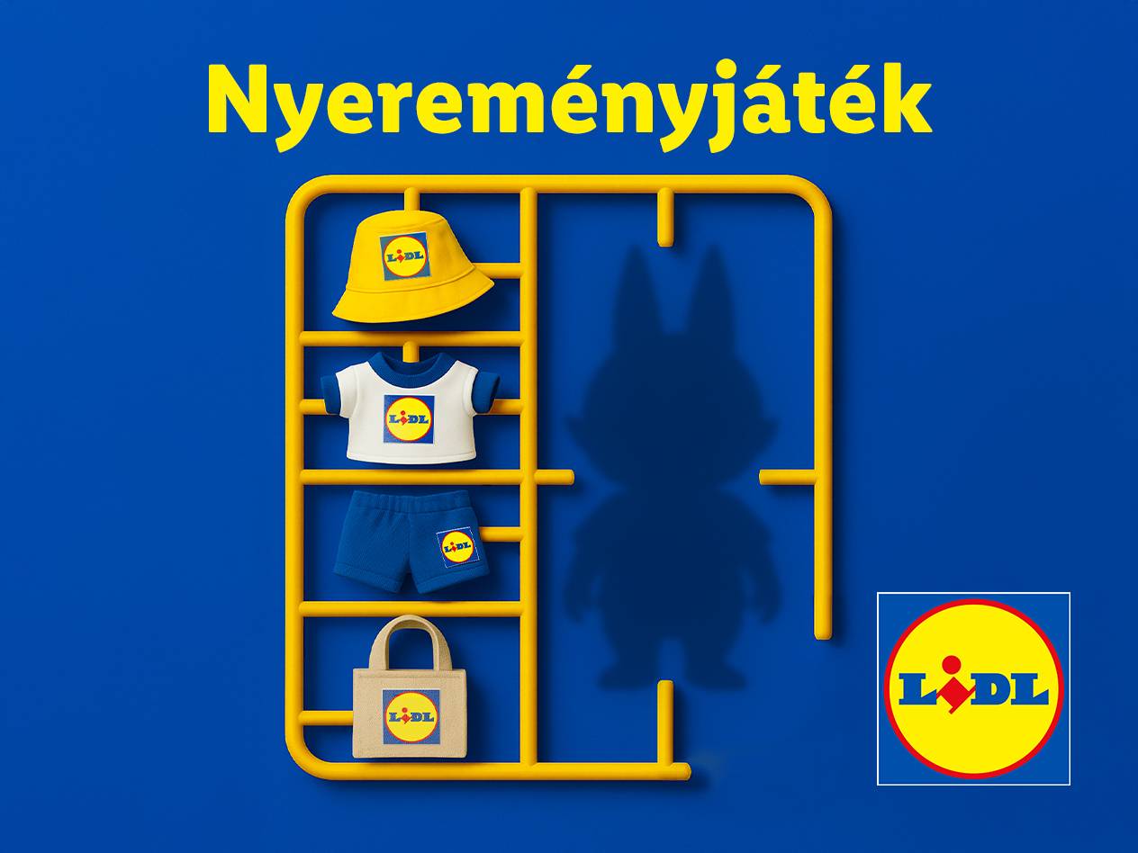 Lidl nyereményjáték: sárga vödörkalap, póló, rövidnadrág és táska egy modellkészletben.