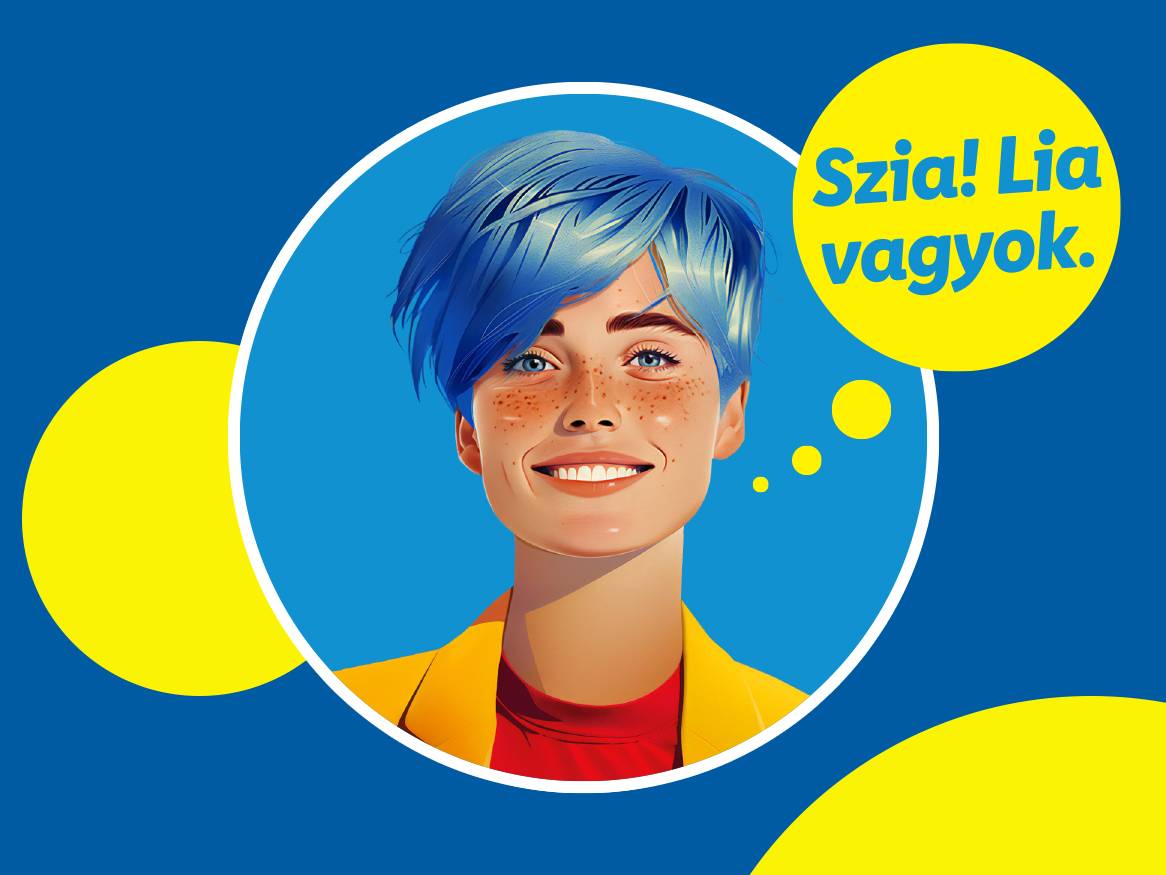 Egy mosolygós, kék hajú nő, mellette egy sárga szövegbuborék: 'Szia! Lia vagyok.'