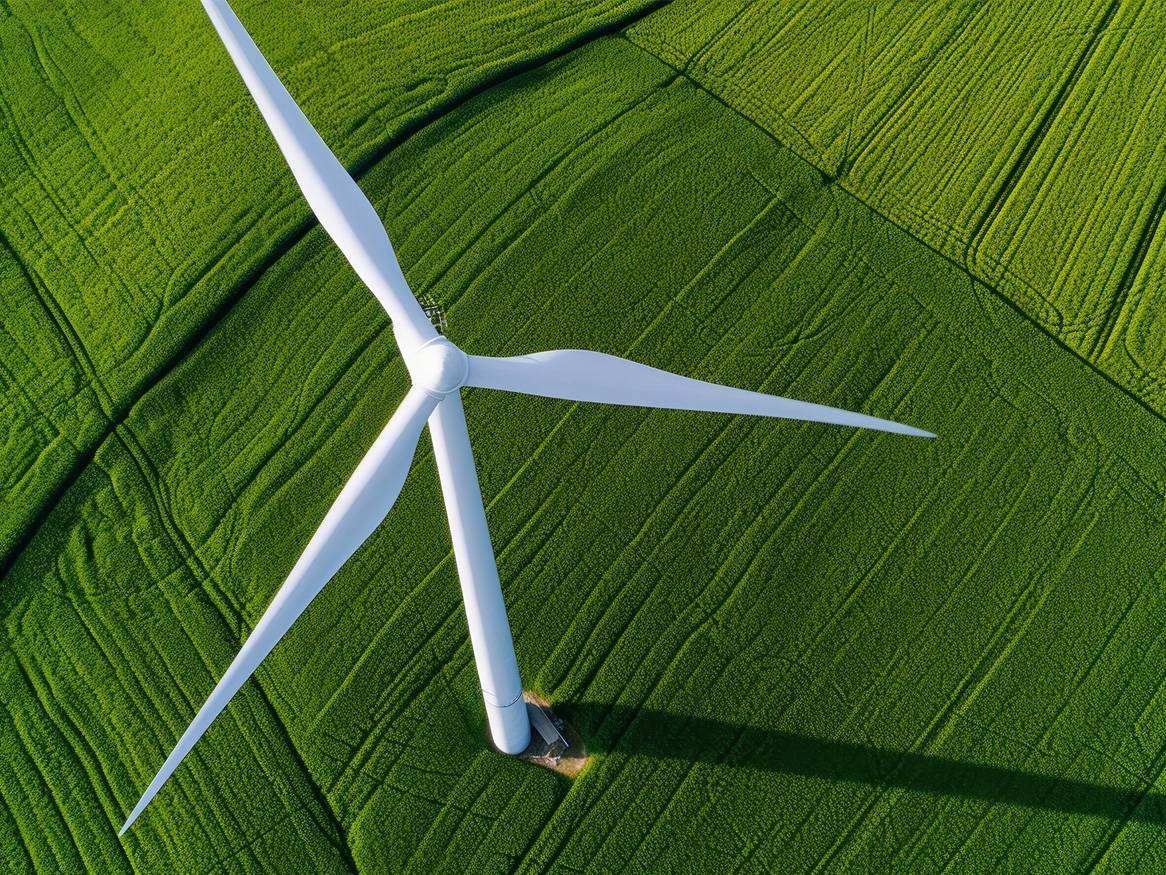 Egy szélenergia-turbina egy zöld mező felett.